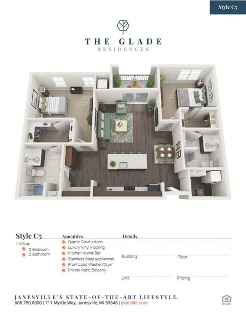 Floor plan for 2 beds, 2 baths, 1165 sqft
